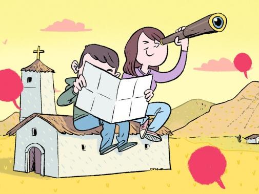 niño y niña sentado arriba de una iglesia leyendo un mapa