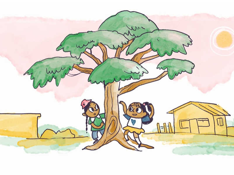 niñas jugando en un árbol